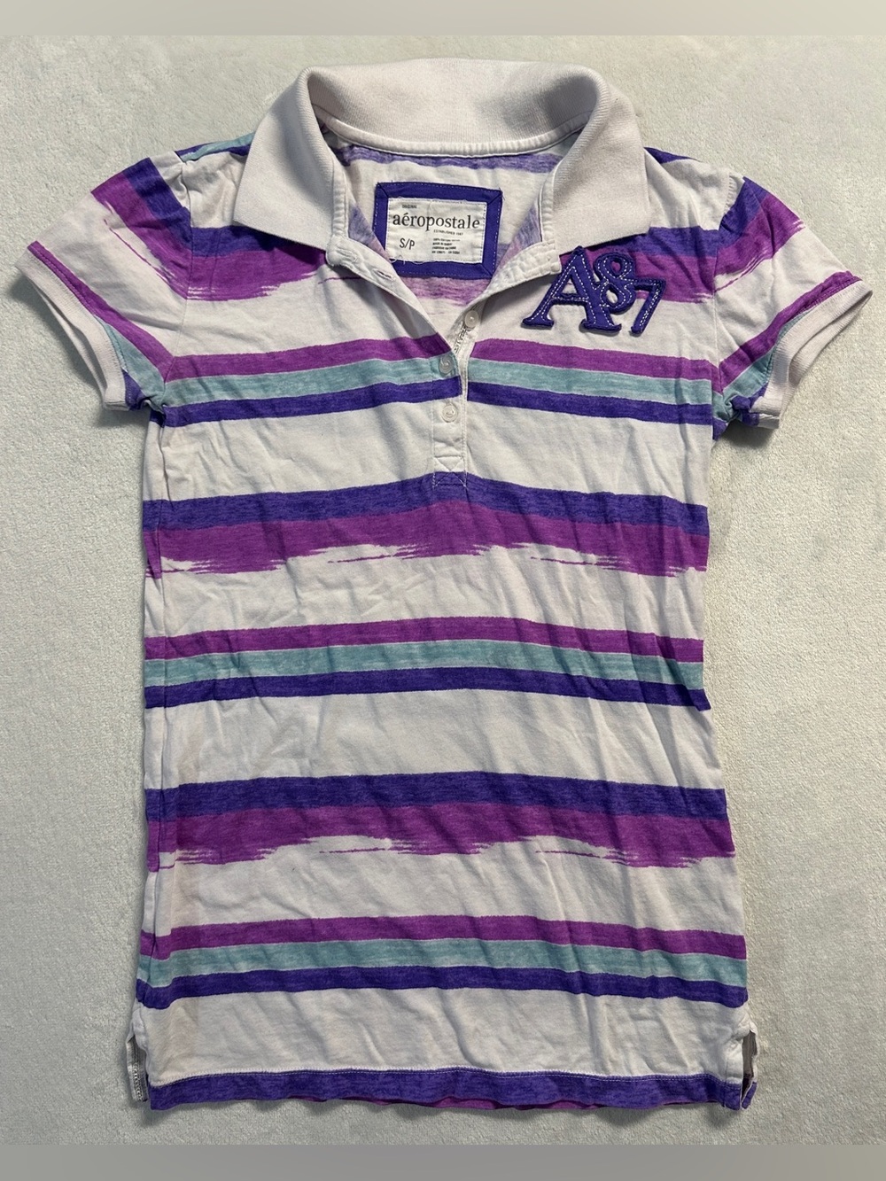 Y2K AEROPOSTALE women's white purple blue striped embroidered polo top, S.